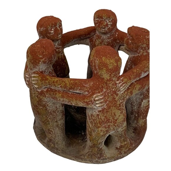 VTG Rustic Handmade Terracotta Circle Of Friends Candle Holder 7" x 7" GUC 7584 - Picture 8 of 9
